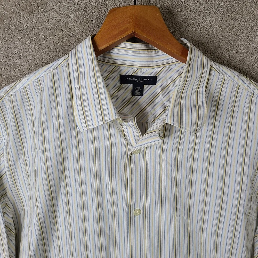 Banana Republic Shirt Men XXL Tall White Yellow Striped Fitted Button Up Cotton